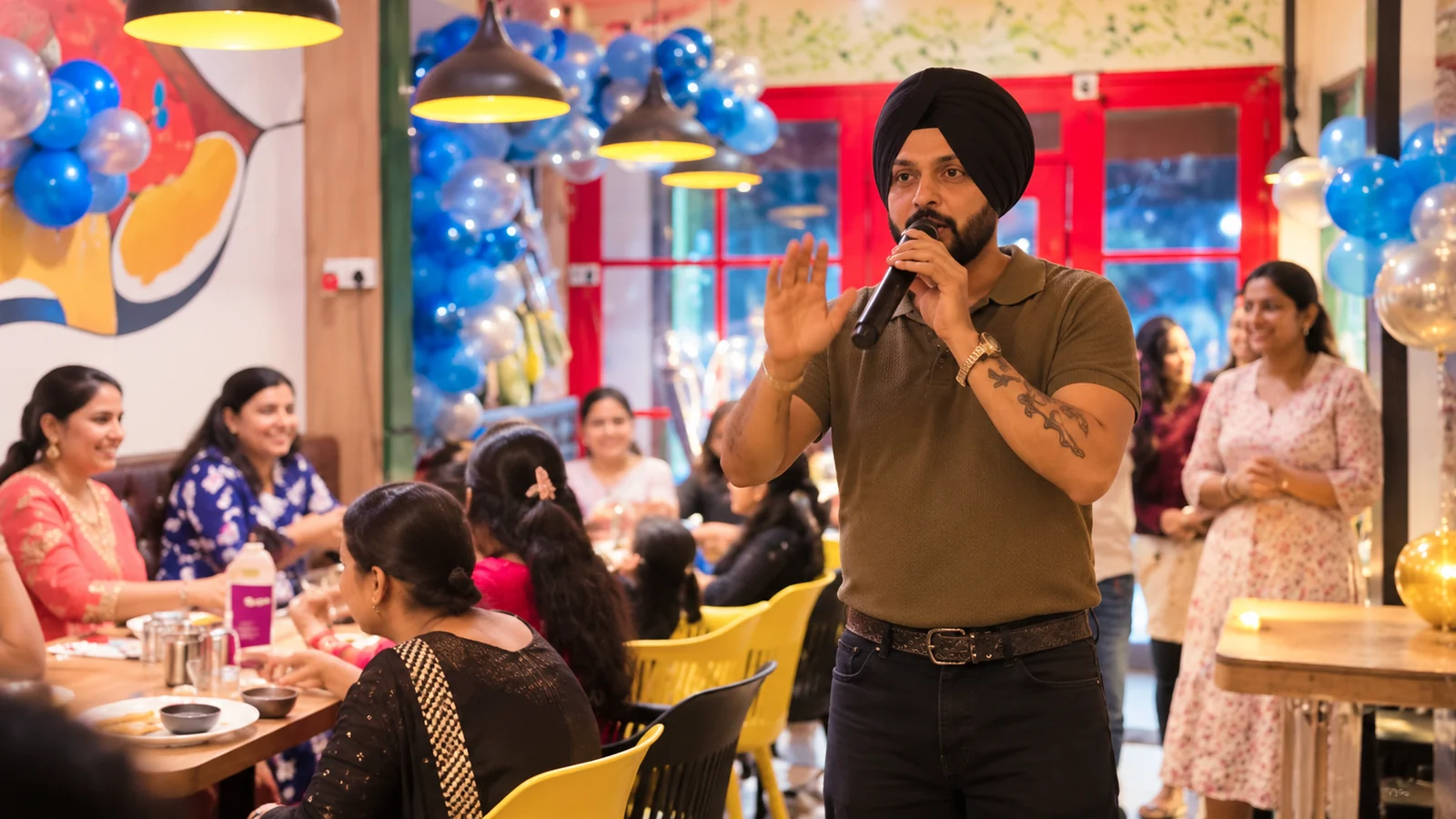 Turbaned host leading a lively birthday celebration in a festive restaurant setting