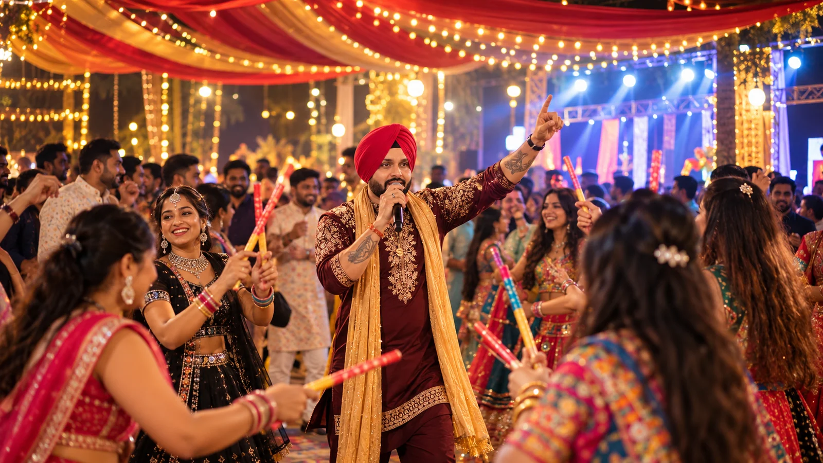 Anchor leading a high-energy Dandiya night celebration under festive stage illumination