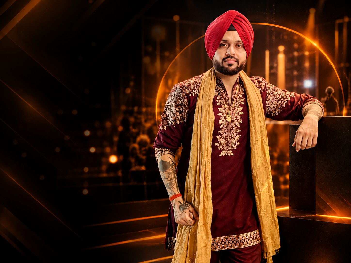 Sunny — turbaned anchor and emcee performing with microphone on a golden ceremonial stage